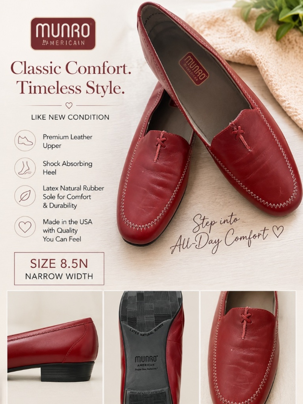 Munro American Red Leather Loafers 8.5N Narrow Comfort Shoes